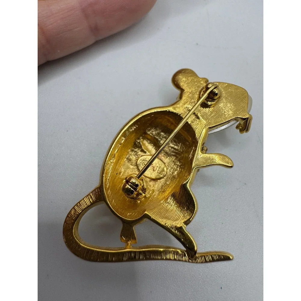 KJL Kenneth Jay Lane Vintage Rhinestone Faux Pearl Mouse Brooch Gold Tone Pin